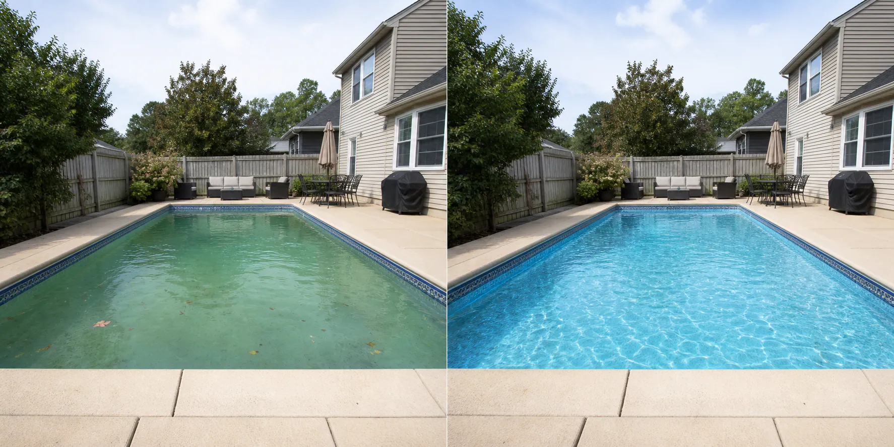 Matched before and after views of the same residential pool, from cloudy water to clear water