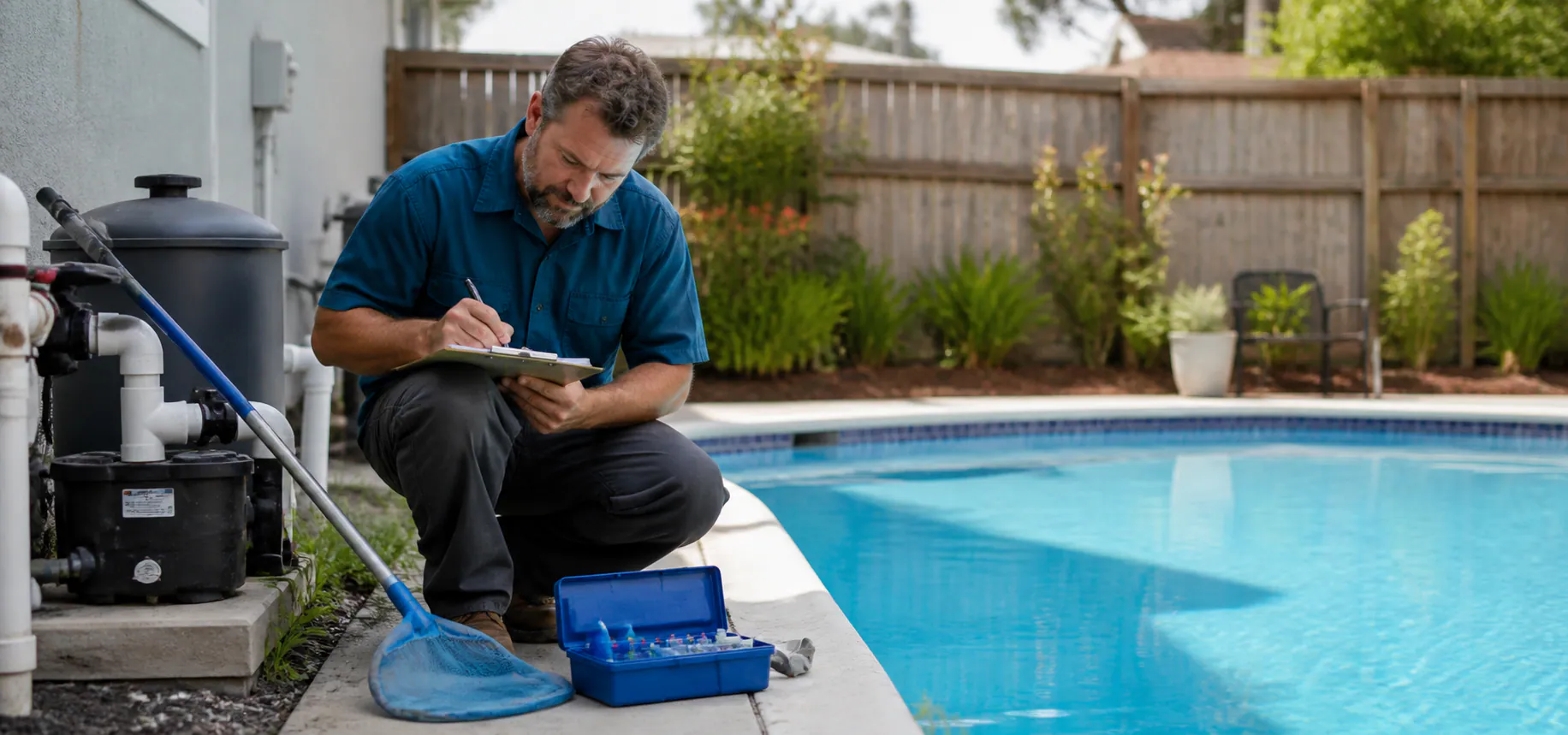 Pool service technician recording notes beside a residential pool